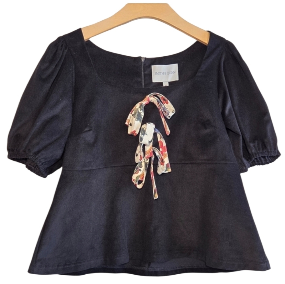 Smith & Quinn NWT Chia Top Black Corduroy Puff Sleeve Floral Front Ribbons Sz M